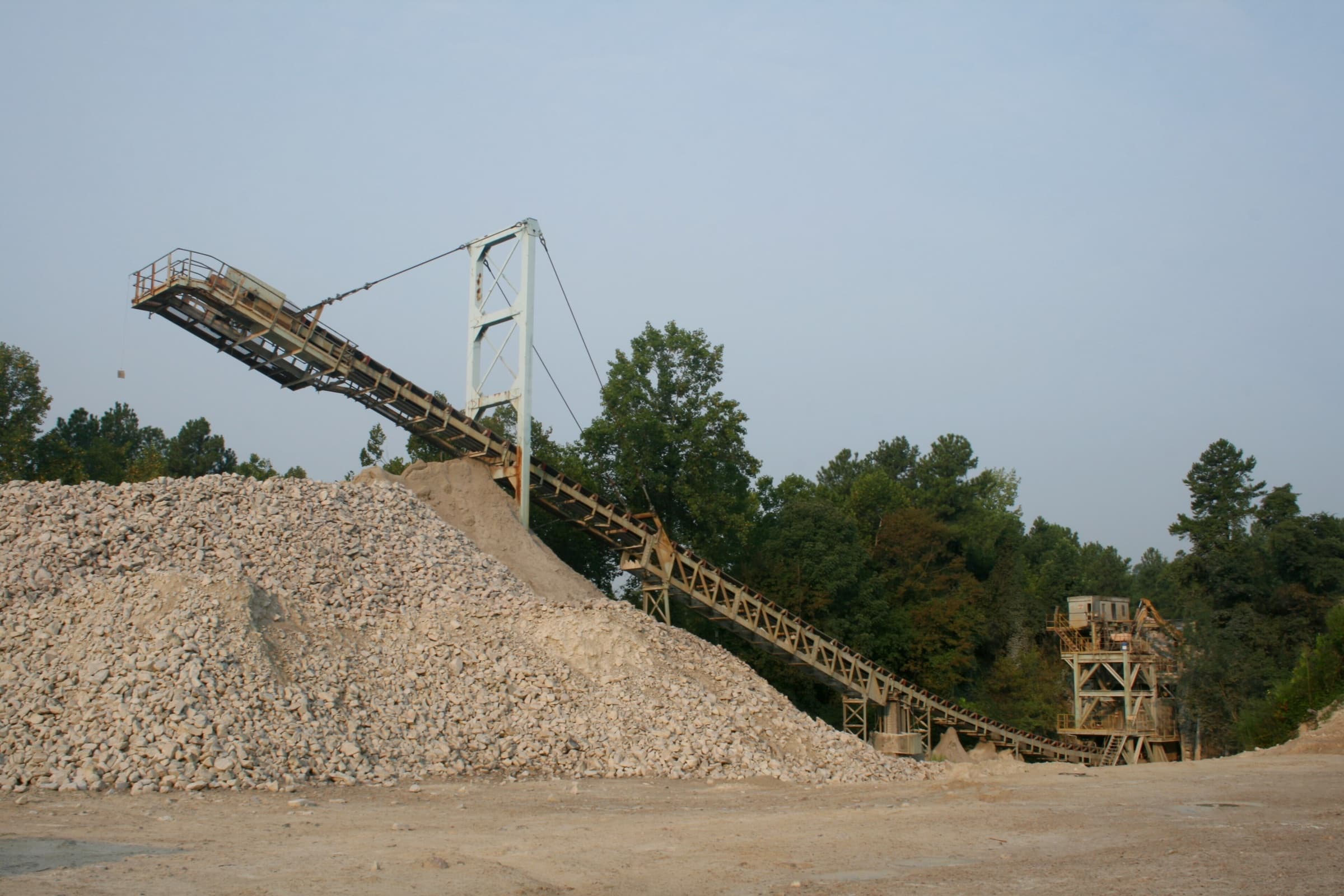 Aggregate conveyor and stockpile at an operating quarry
