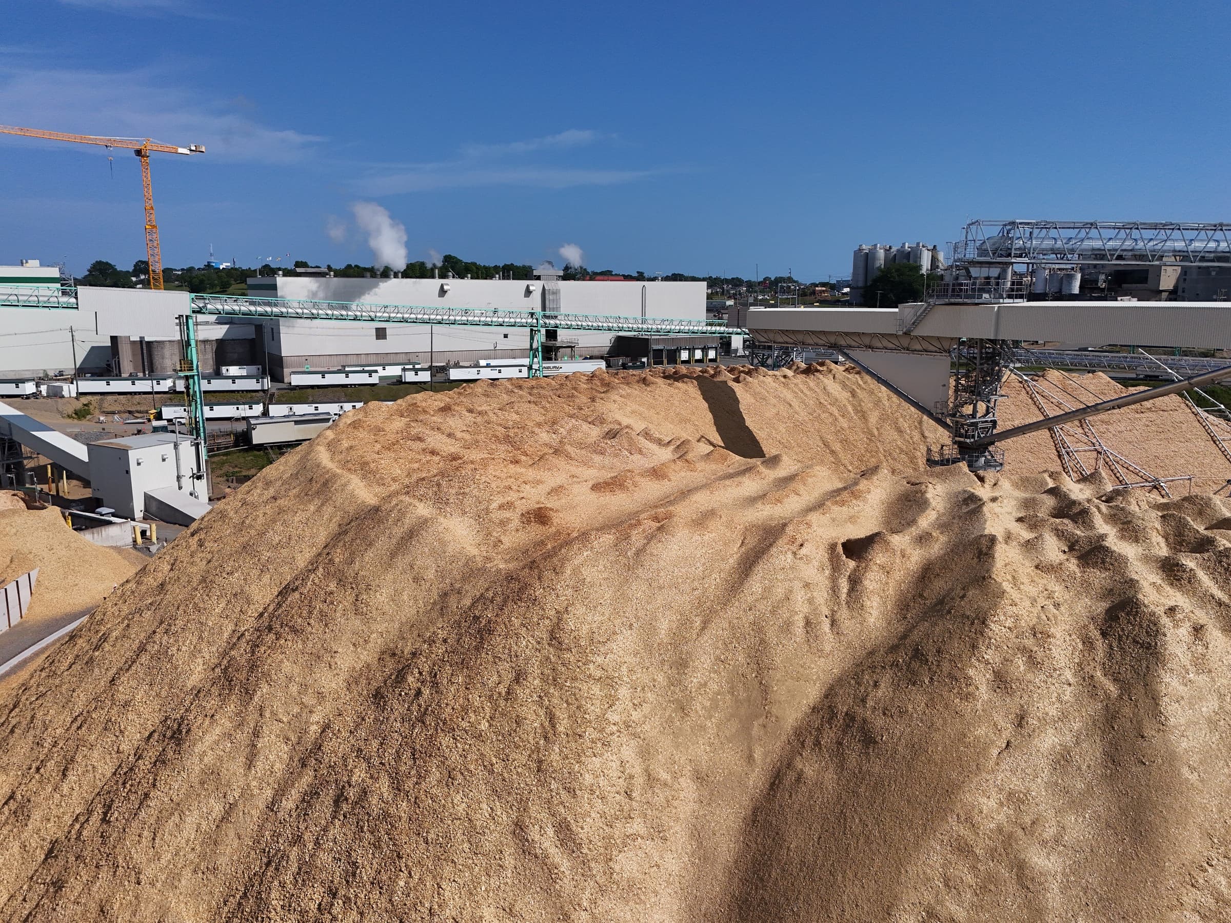 Wood-chip stockpile and elevated conveyors at a pulp mill