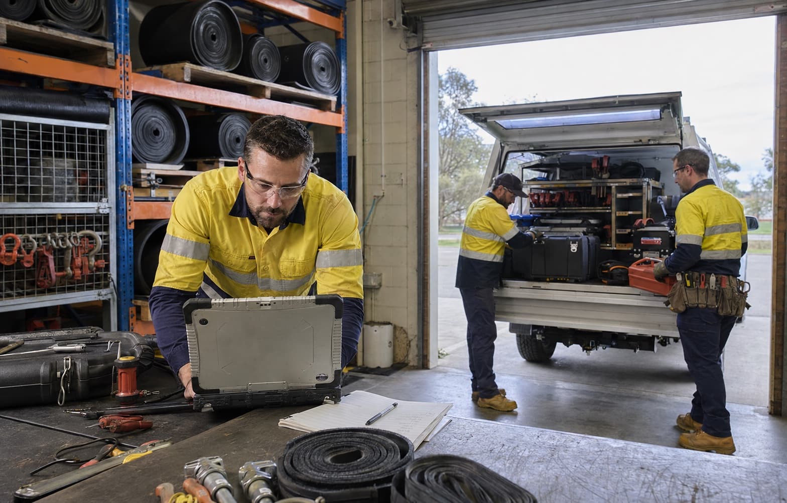 A regional conveyor belt service company prepares a field crew, tools and materials for dispatch