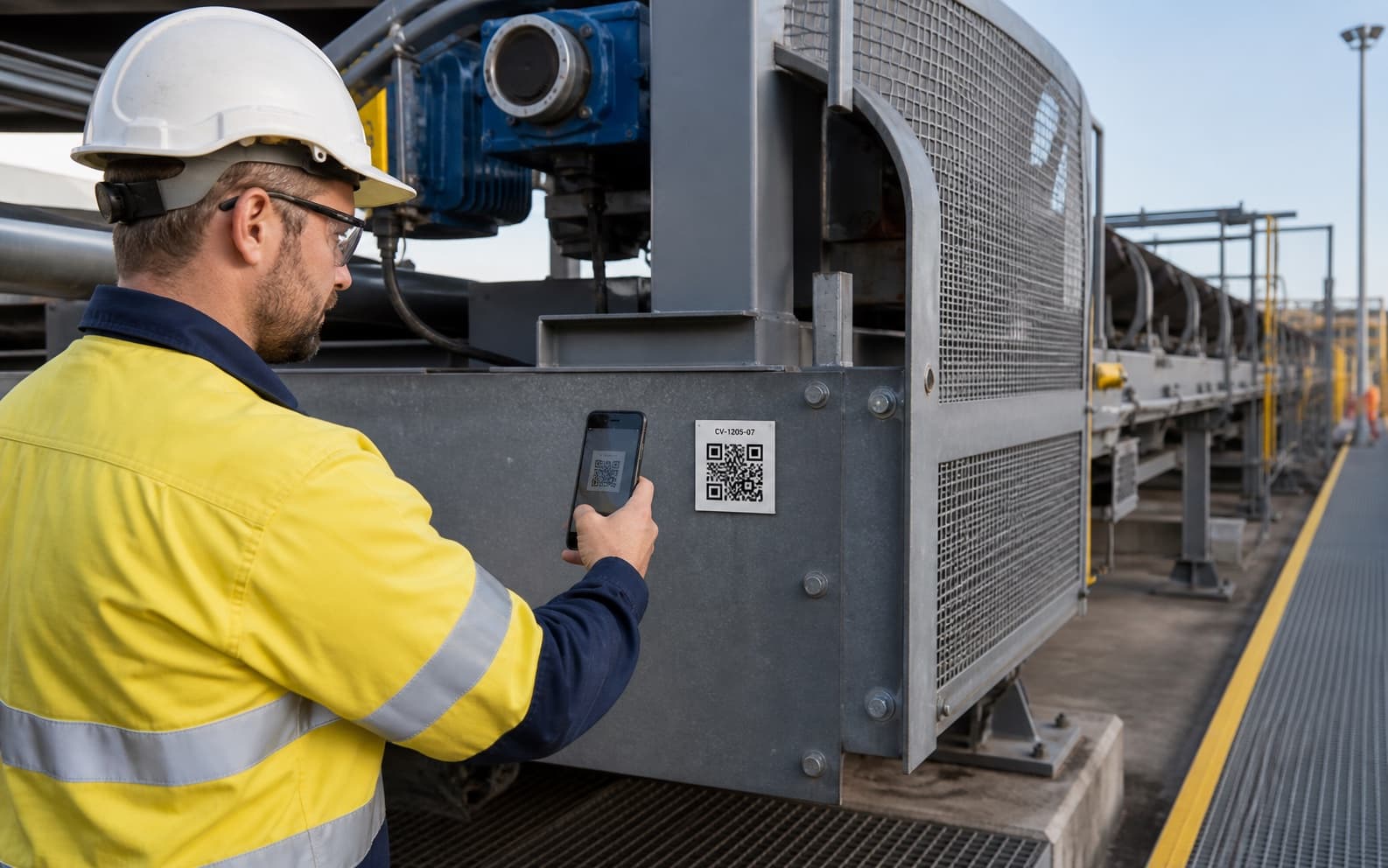 A maintenance technician scans a fixed QR asset plate on the outside of a conveyor drive guard