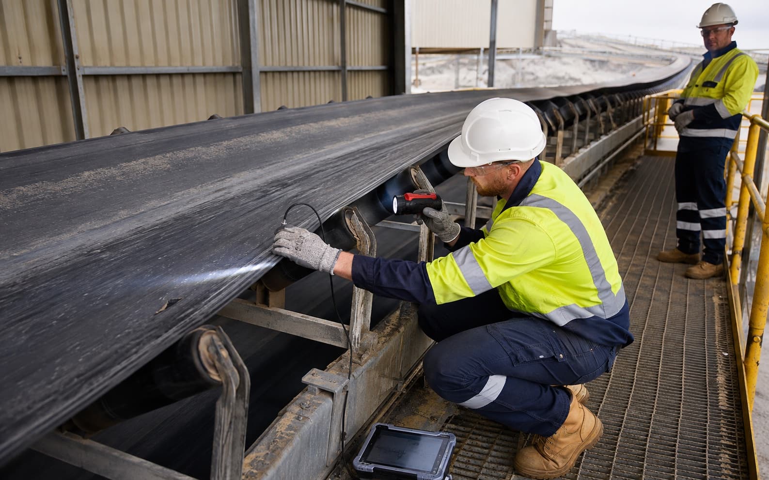 A conveyor inspector measures belt-cover condition and records a finding on a rugged tablet