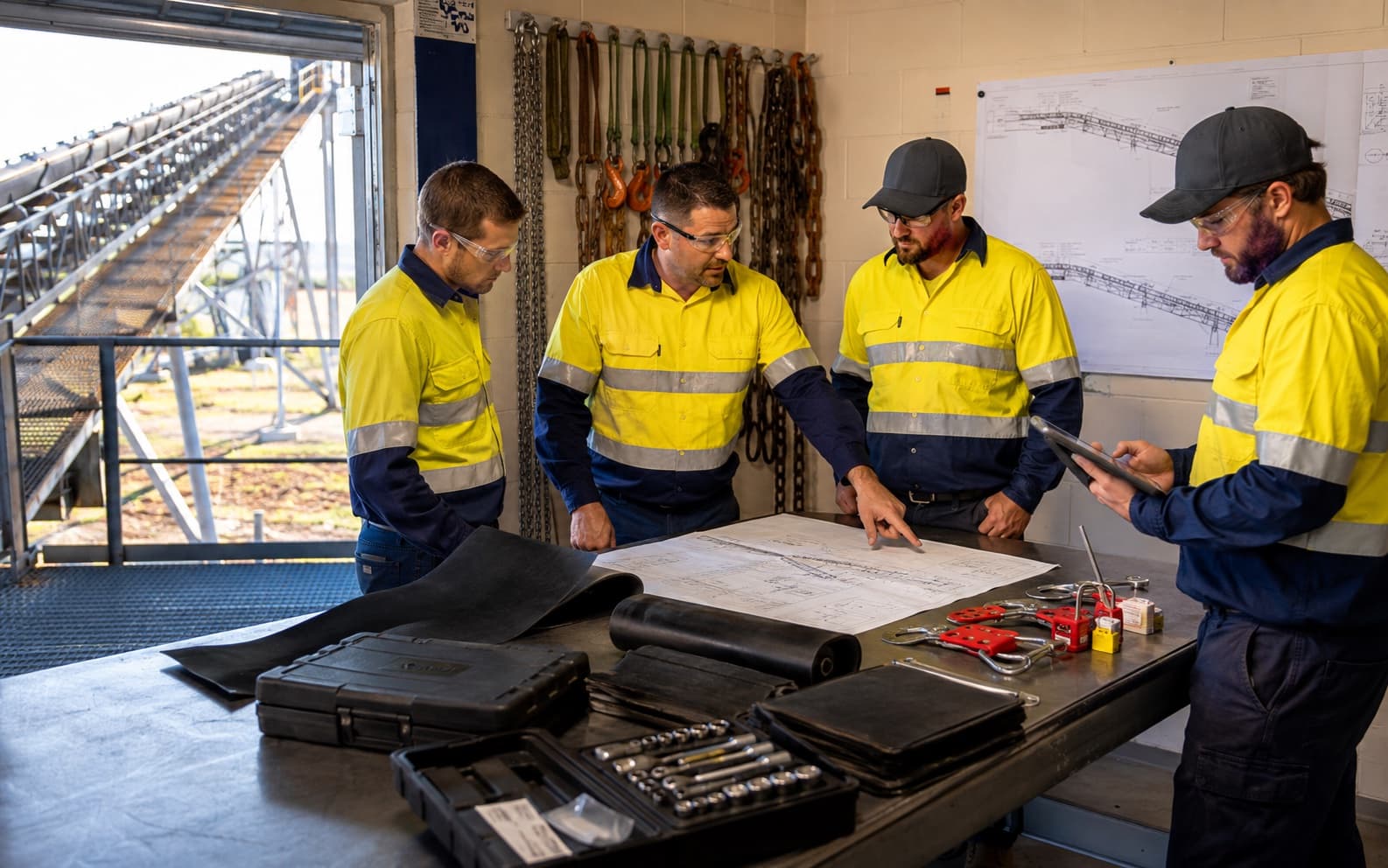 A conveyor maintenance crew reviews the route drawing, tools, materials and isolation equipment before field work