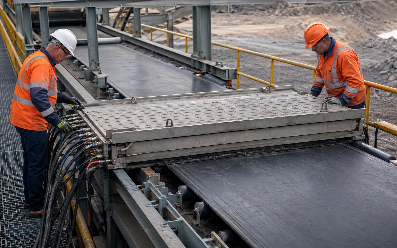 Two belt splicers monitor a full-width conveyor belt splice curing under a sectional hot-vulcanising press